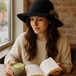 Black Boho Felted Wide Brim Hat with Feather Detail